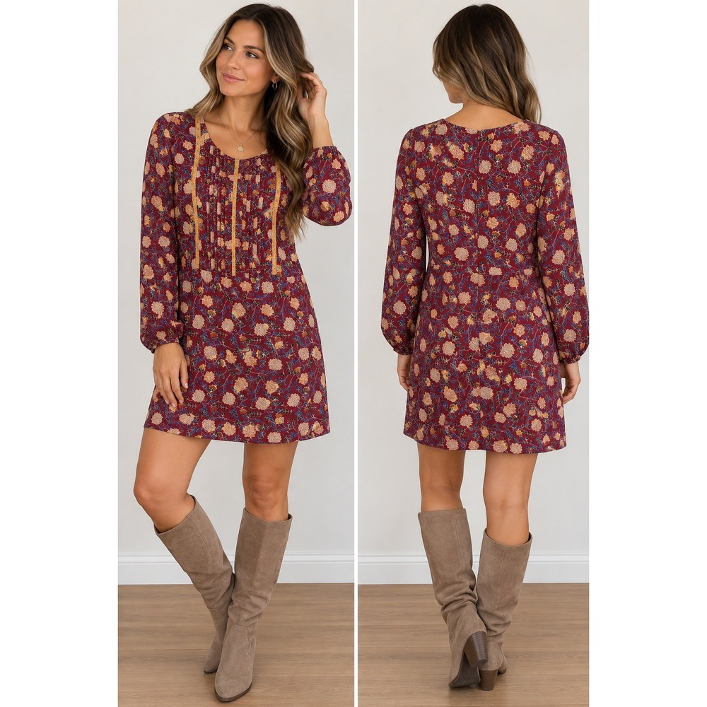 Esley Burgundy Floral Mini Dress Womens Boho Pintuck Lace Trim Long Sleeve XL